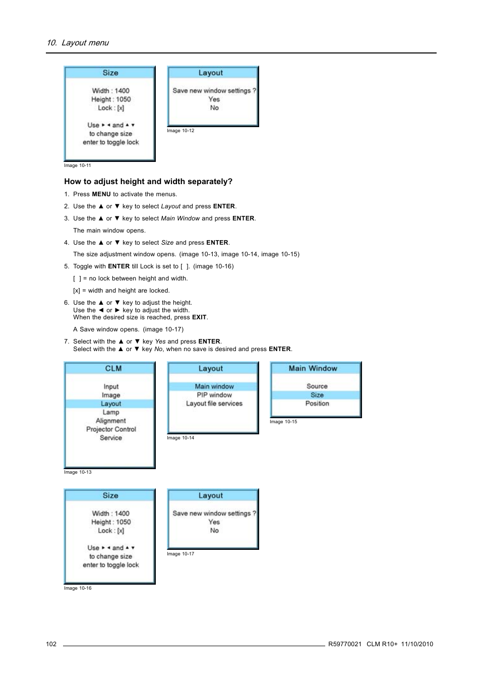 Image 10-11), Image 10-12), Layout menu | How to adjust height and width separately | Barco CLM R10+ User Manual | Page 106 / 229