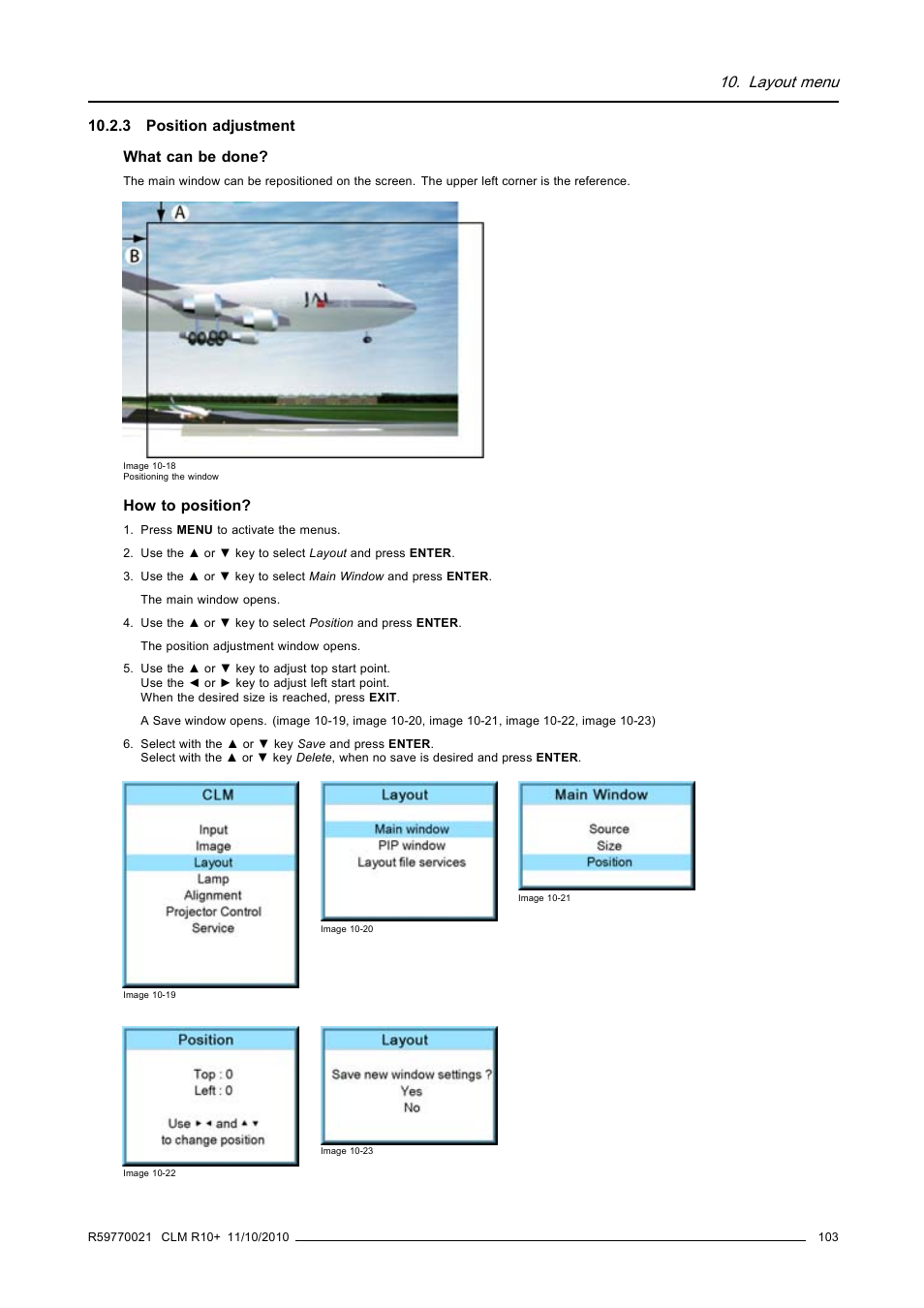 3 position adjustment, Position adjustment, Layout menu | Barco CLM R10+ User Manual | Page 107 / 229