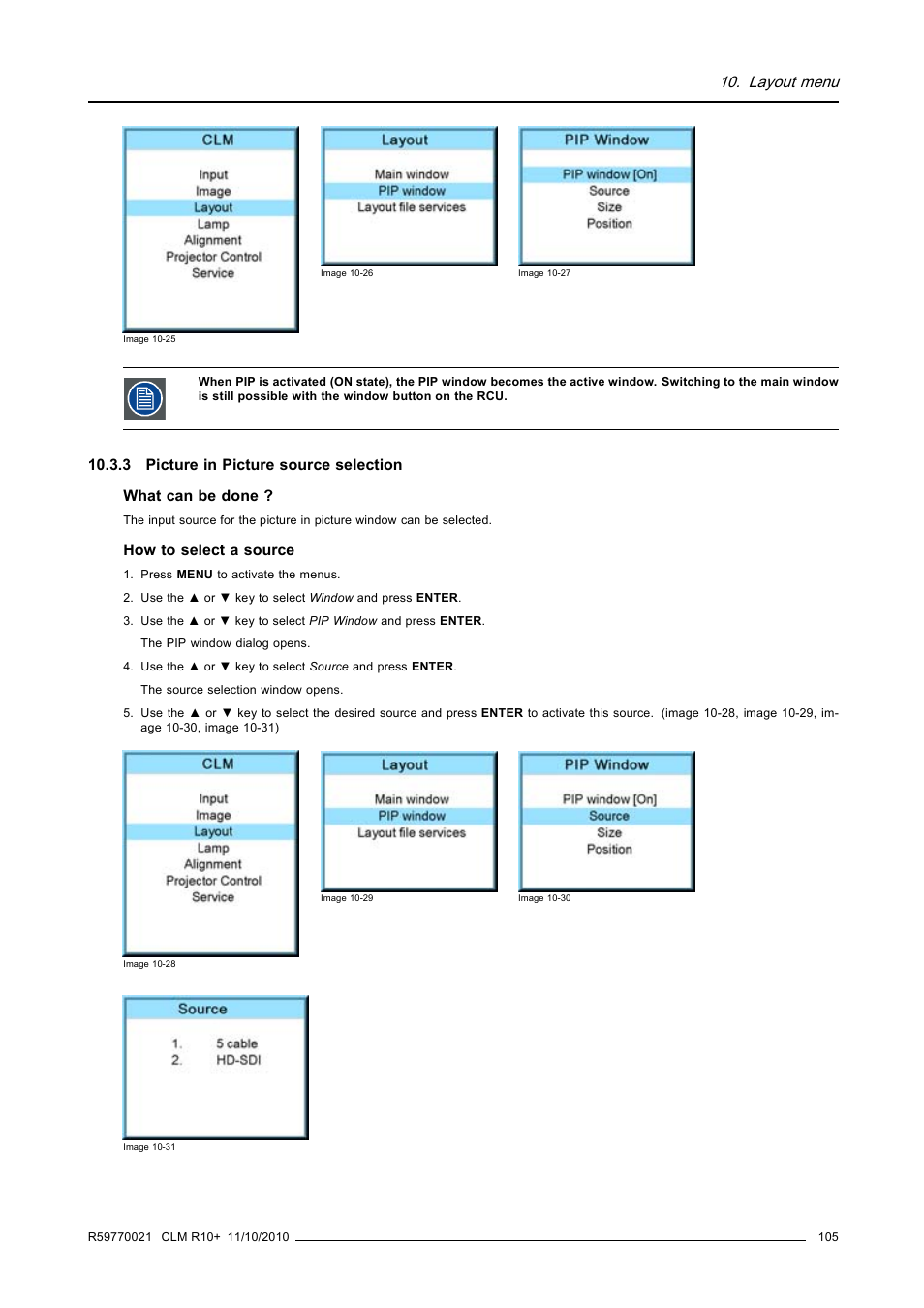 3 picture in picture source selection, Picture in picture source selection, Image 10-25, image 10-26, im | Age 10-27), Layout menu | Barco CLM R10+ User Manual | Page 109 / 229