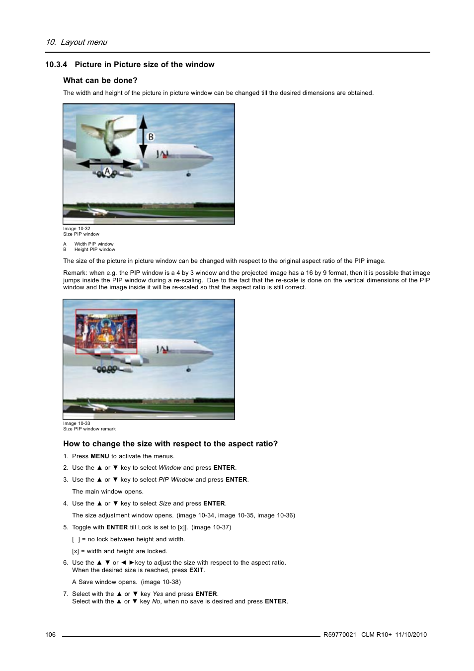 4 picture in picture size of the window, Picture in picture size of the window, Layout menu | Barco CLM R10+ User Manual | Page 110 / 229