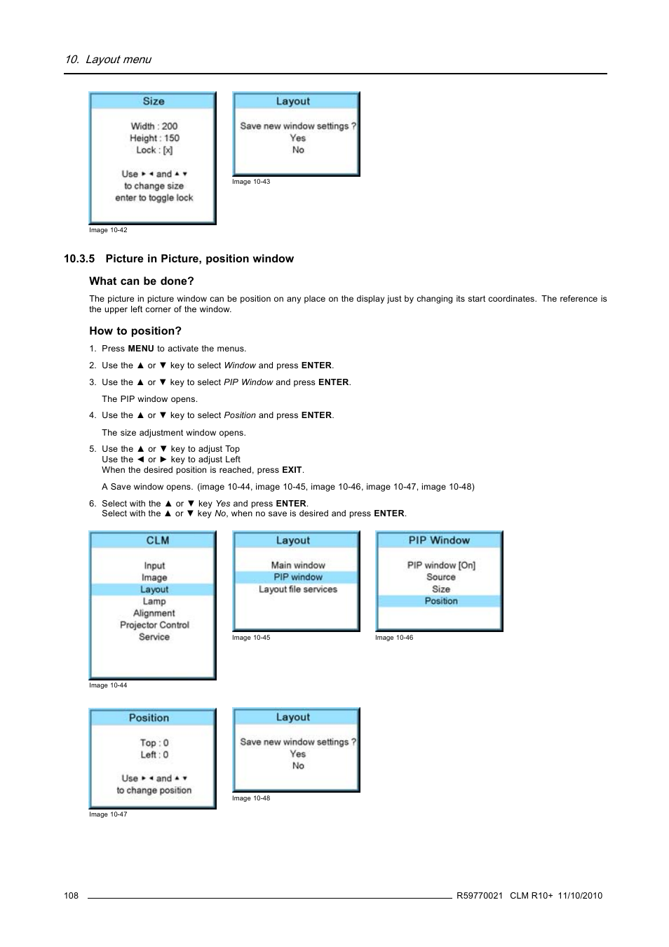 5 picture in picture, position window, Picture in picture, position window, Layout menu | Barco CLM R10+ User Manual | Page 112 / 229