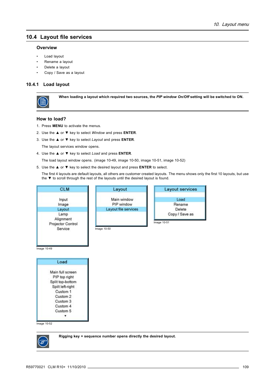 4 layout file services, 1 load layout, Layout file services | Layout menu | Barco CLM R10+ User Manual | Page 113 / 229