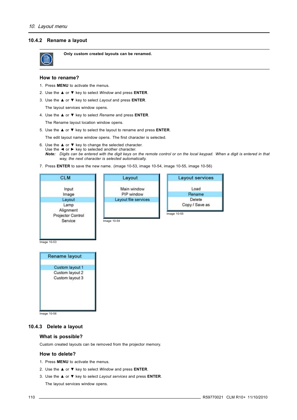 2 rename a layout, 3 delete a layout, 2 rename a layout 10.4.3 delete a layout | Rename a layout, Delete a layout, Layout menu | Barco CLM R10+ User Manual | Page 114 / 229