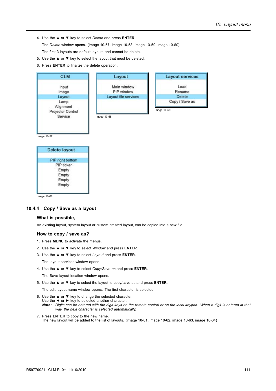 4 copy / save as a layout, Copy / save as a layout, Layout menu | Barco CLM R10+ User Manual | Page 115 / 229