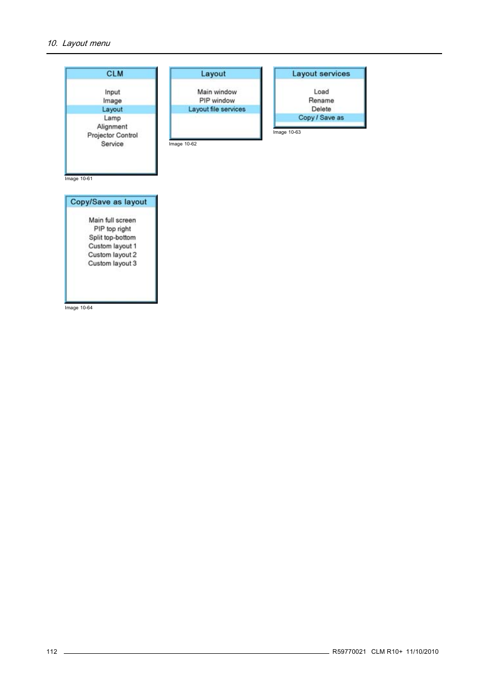 Layout menu | Barco CLM R10+ User Manual | Page 116 / 229