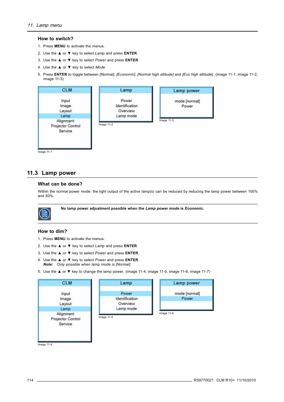 3 lamp power, Lamp power, Lamp menu | Barco CLM R10+ User Manual | Page 118 / 229