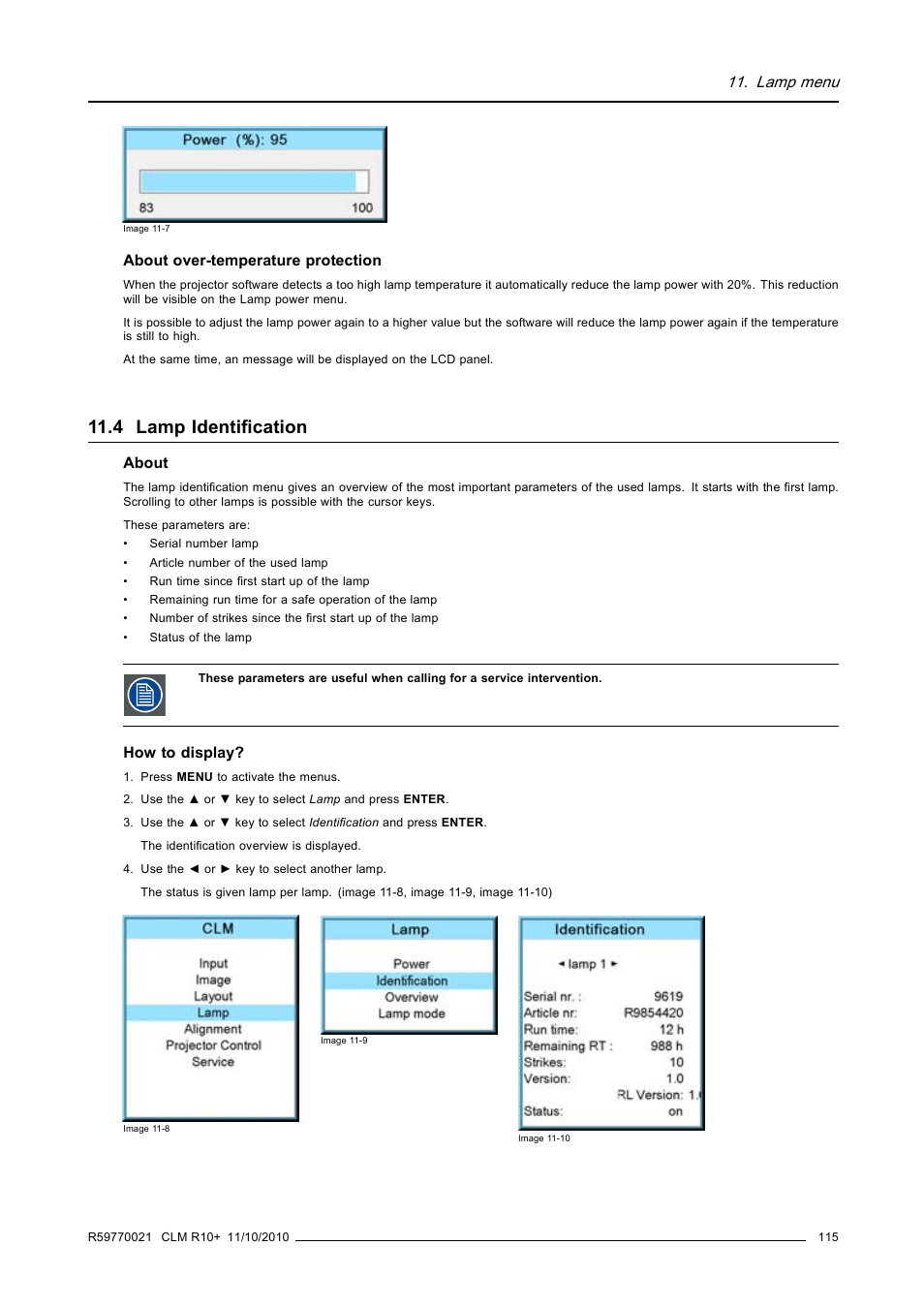 4 lamp identification, Lamp identification, Image 11-7) | Lamp menu | Barco CLM R10+ User Manual | Page 119 / 229