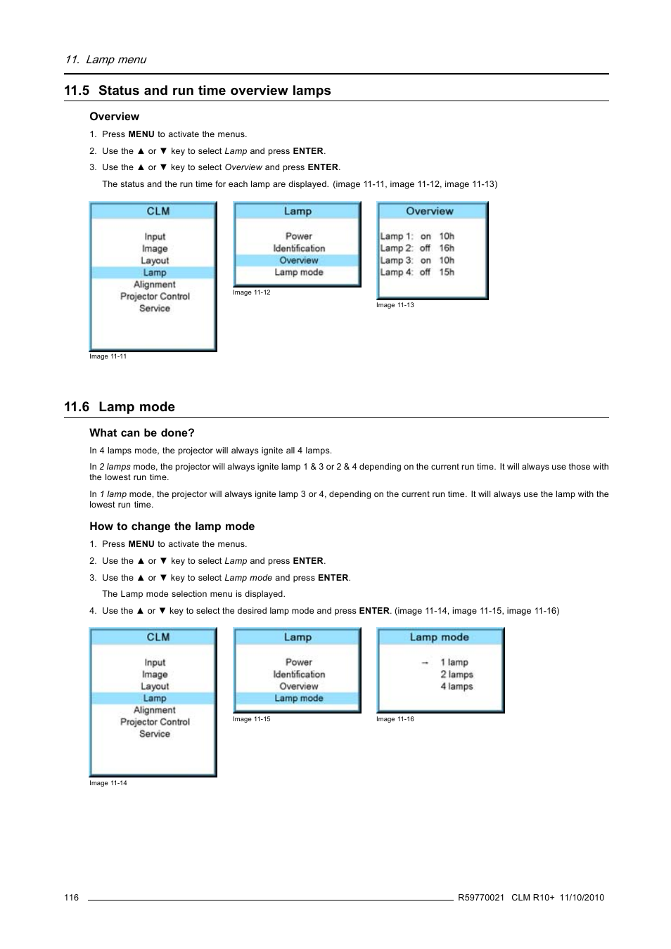 5 status and run time overview lamps, 6 lamp mode, Status and run time overview lamps | Lamp mode, Lamp menu | Barco CLM R10+ User Manual | Page 120 / 229