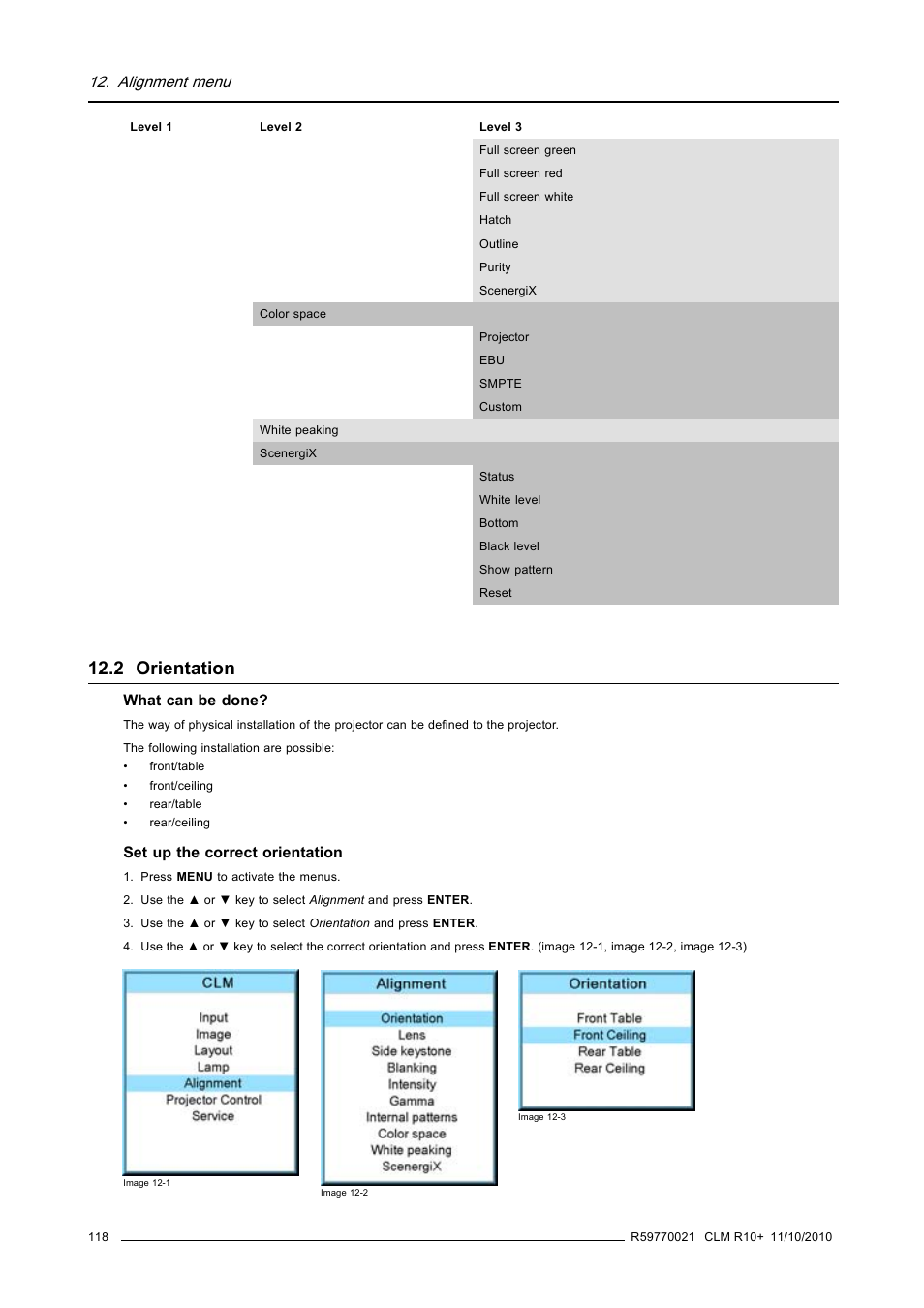2 orientation, Orientation, Alignment menu | Barco CLM R10+ User Manual | Page 122 / 229