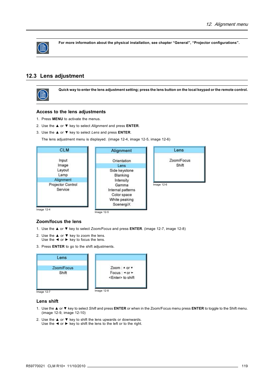 3 lens adjustment, Lens adjustment, Alignment menu | Barco CLM R10+ User Manual | Page 123 / 229