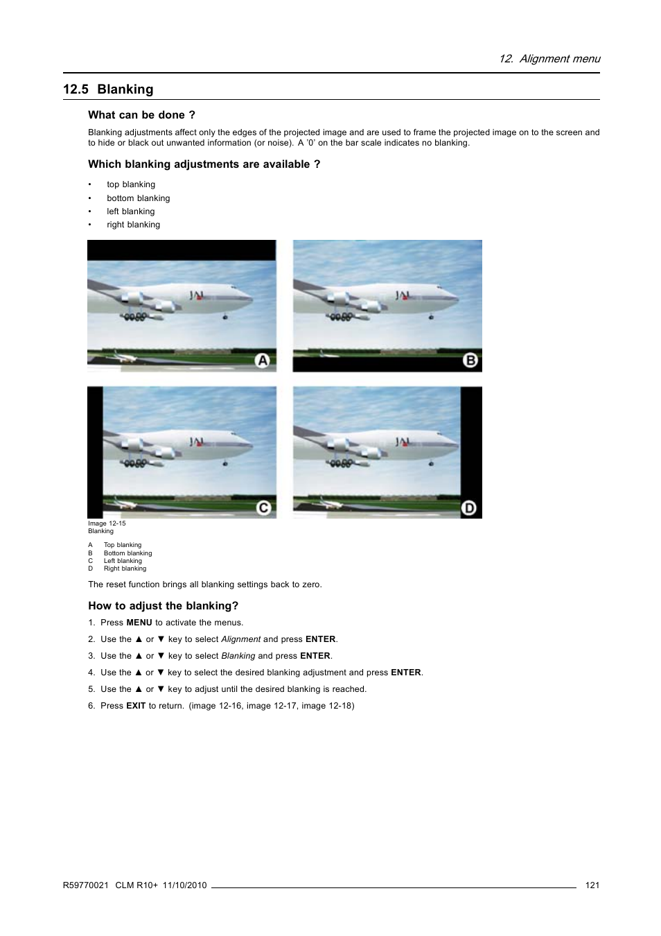5 blanking, Blanking, Alignment menu | Barco CLM R10+ User Manual | Page 125 / 229