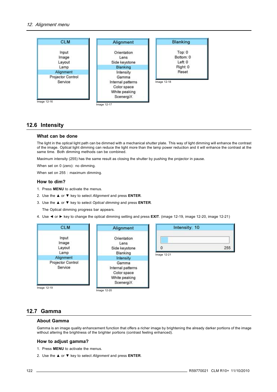 6 intensity, 7 gamma, 6 intensity 12.7 gamma | Intensity, Gamma, Alignment menu | Barco CLM R10+ User Manual | Page 126 / 229