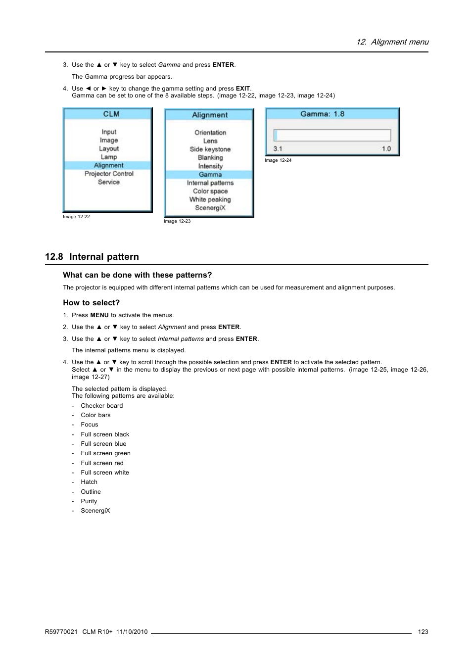8 internal pattern, Internal pattern, Alignment menu | Barco CLM R10+ User Manual | Page 127 / 229