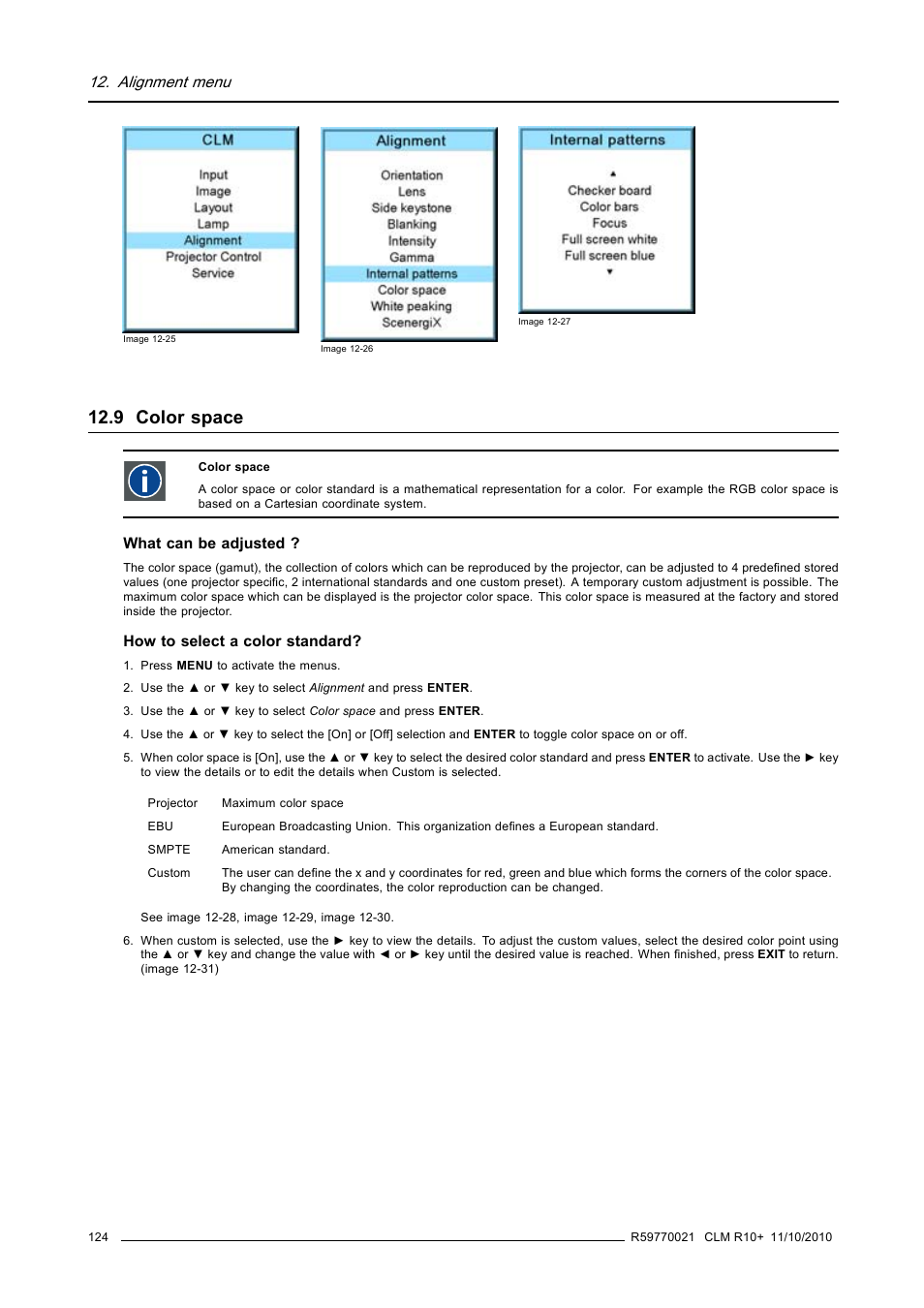 9 color space, Color space, Alignment menu | Barco CLM R10+ User Manual | Page 128 / 229