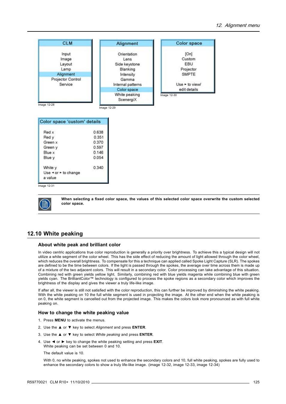 10 white peaking, White peaking, Alignment menu | Barco CLM R10+ User Manual | Page 129 / 229