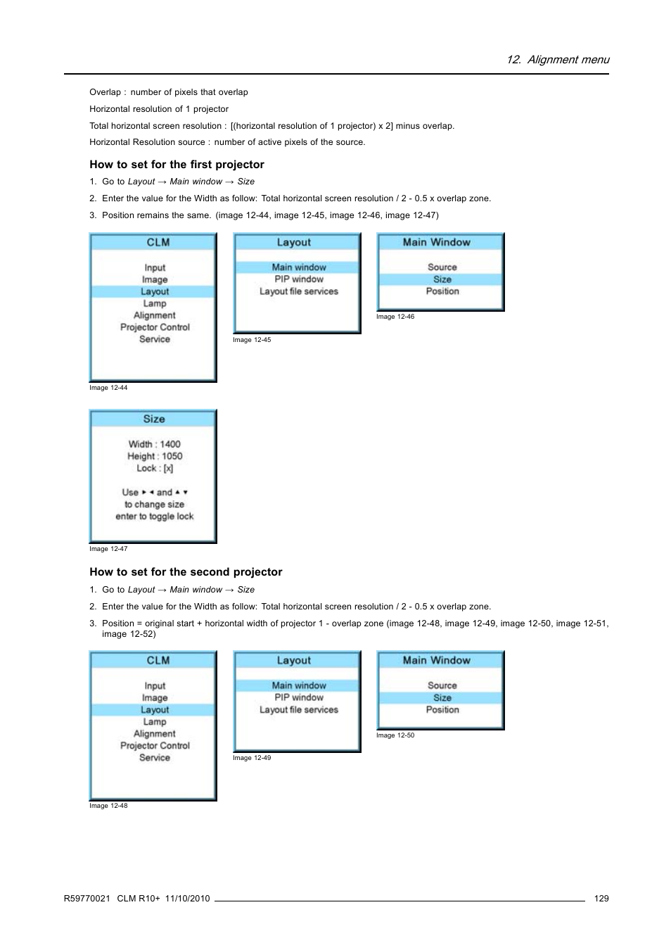 Alignment menu, How to set for the first projector, How to set for the second projector | Barco CLM R10+ User Manual | Page 133 / 229