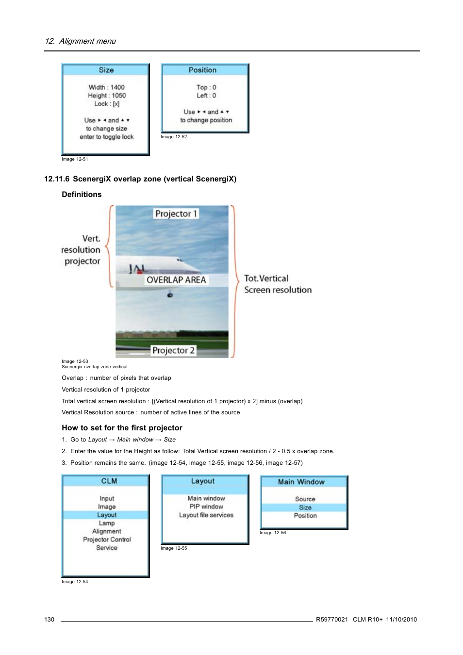 6 scenergix overlap zone (vertical scenergix), Scenergix overlap zone (vertical scenergix), Image 12-51 | Image 12-52), Alignment menu | Barco CLM R10+ User Manual | Page 134 / 229