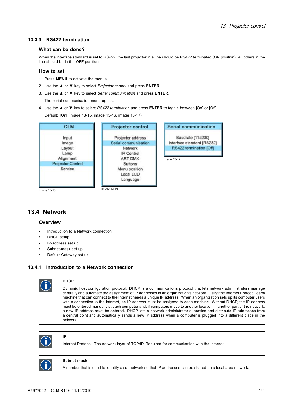3 rs422 termination, 4 network, 1 introduction to a network connection | Network, Rs422 termination, Projector control | Barco CLM R10+ User Manual | Page 145 / 229
