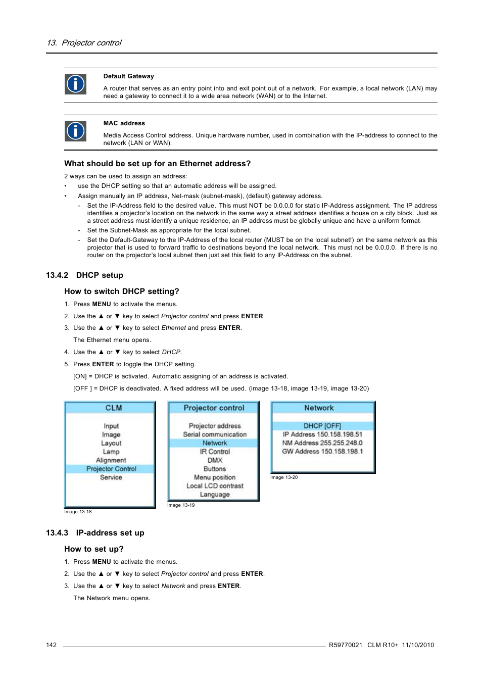 2 dhcp setup, 3 ip-address set up, 2 dhcp setup 13.4.3 ip-address set up | Dhcp setup, Ip-address set up, Projector control | Barco CLM R10+ User Manual | Page 146 / 229