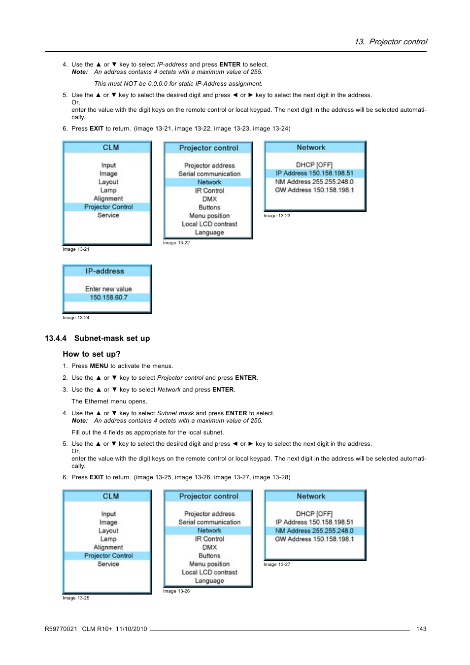 4 subnet-mask set up, Subnet-mask set up, Projector control | Barco CLM R10+ User Manual | Page 147 / 229