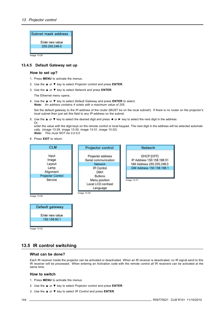 5 default gateway set up, 5 ir control switching, Ir control switching | Default gateway set up, Projector control | Barco CLM R10+ User Manual | Page 148 / 229