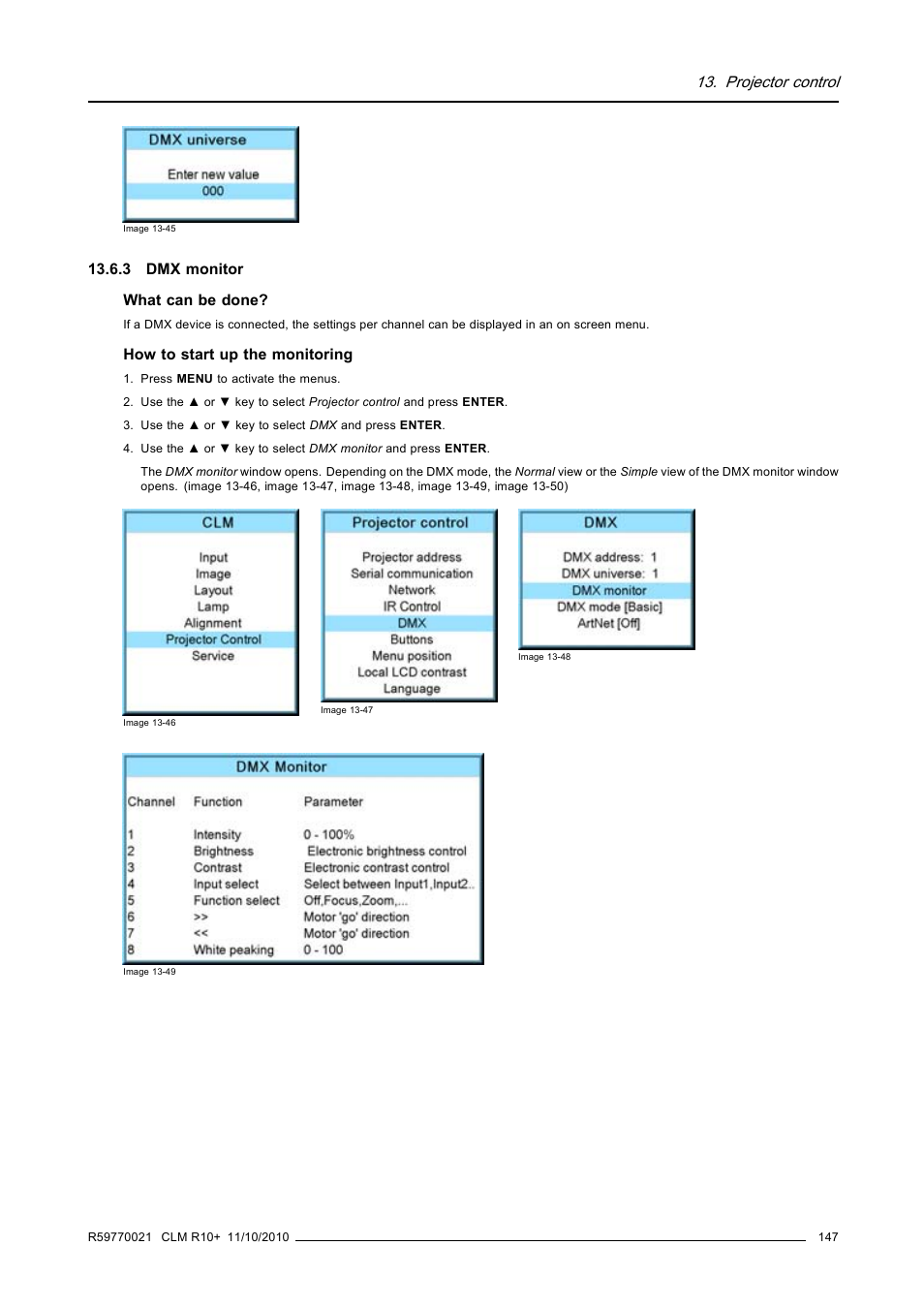 3 dmx monitor, Dmx monitor, Age 13-45) | Projector control | Barco CLM R10+ User Manual | Page 151 / 229