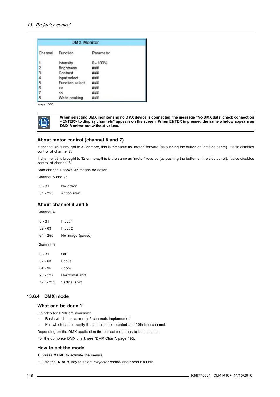 4 dmx mode, Dmx mode, Projector control | Barco CLM R10+ User Manual | Page 152 / 229