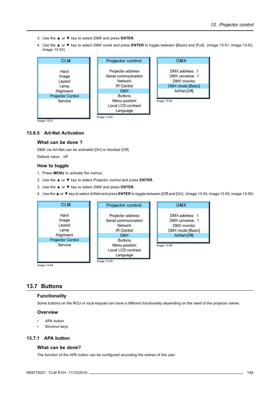 5 art-net activation, 7 buttons, 1 apa button | Buttons, Art-net activation, Projector control | Barco CLM R10+ User Manual | Page 153 / 229