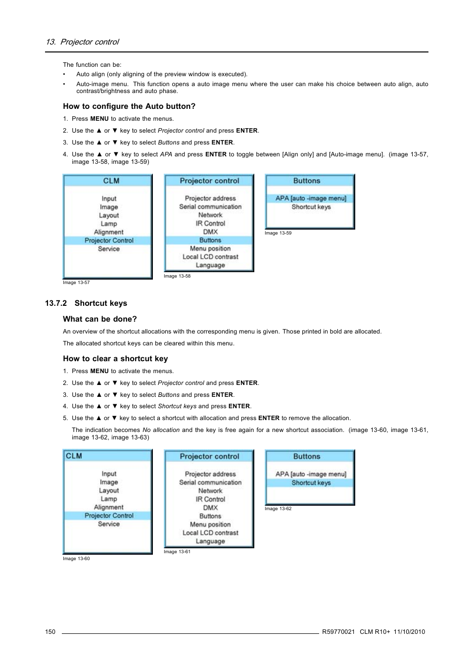 2 shortcut keys, Shortcut keys, Projector control | Barco CLM R10+ User Manual | Page 154 / 229