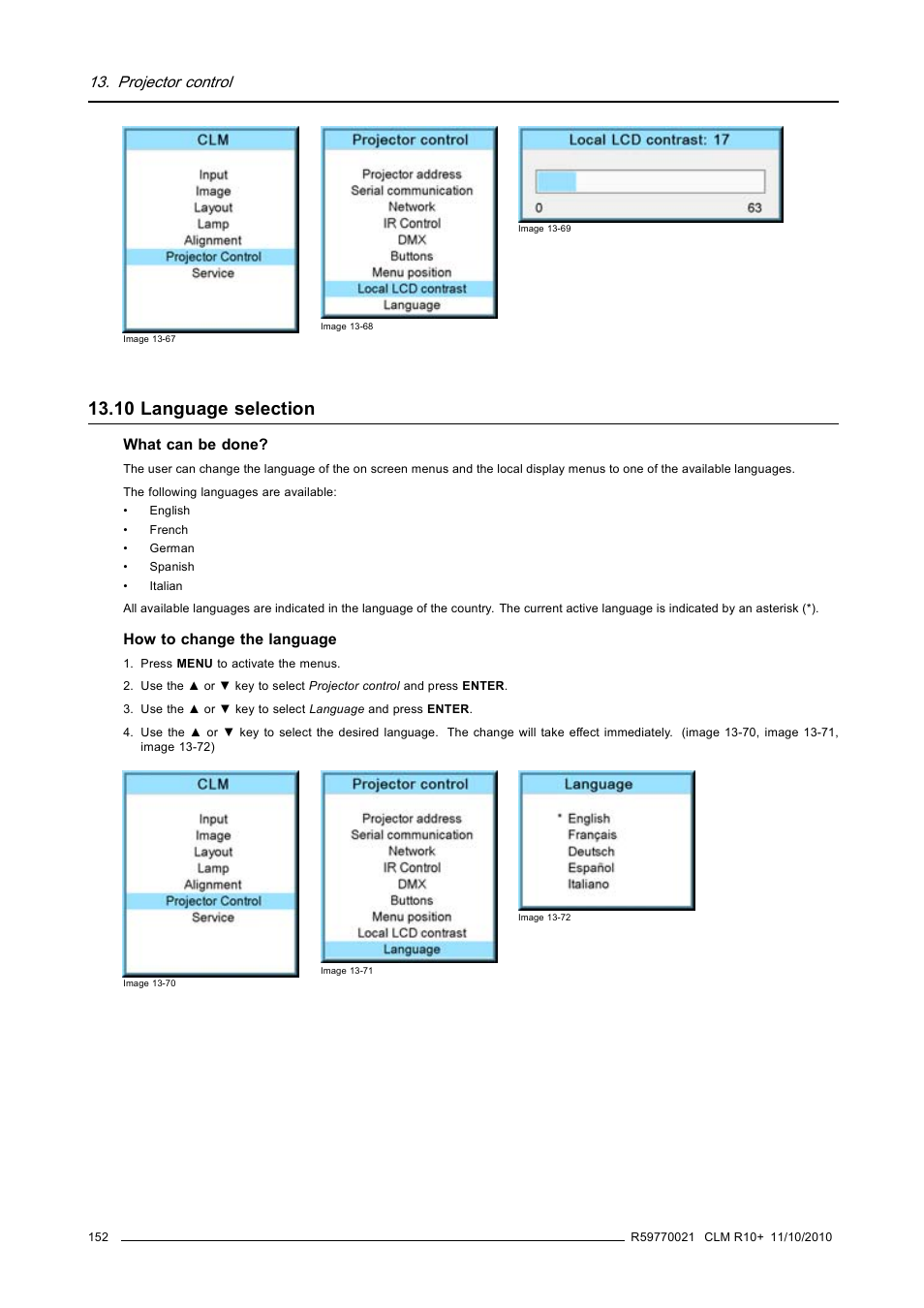10 language selection, Language selection, Projector control | Barco CLM R10+ User Manual | Page 156 / 229