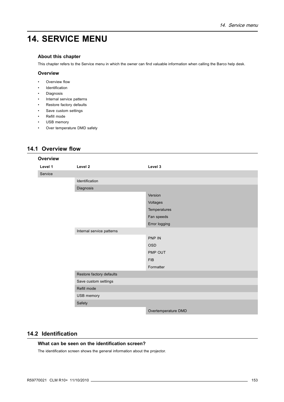 Service menu, 1 overview flow, 2 identification | 1 overview flow 14.2 identification | Barco CLM R10+ User Manual | Page 157 / 229