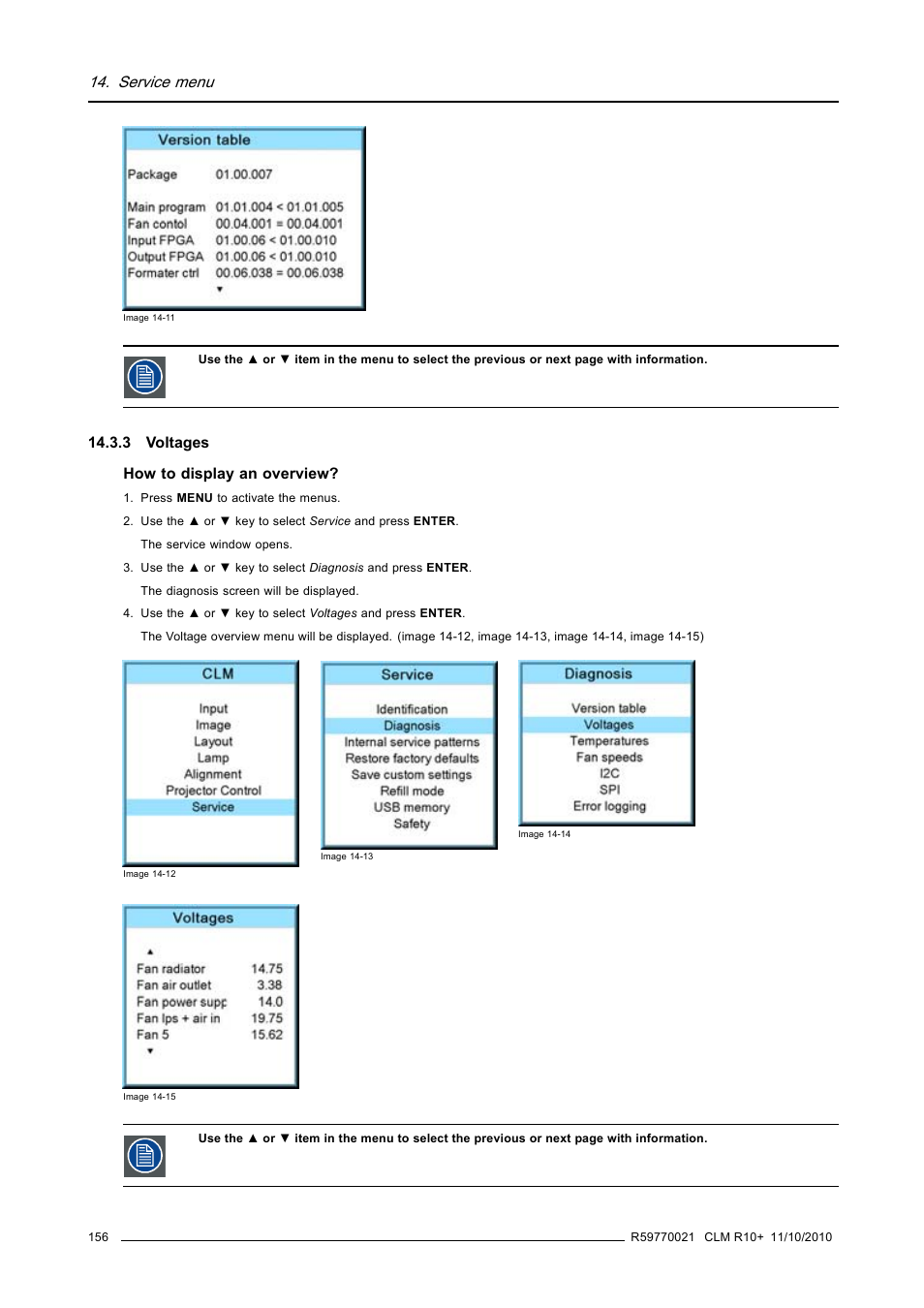 3 voltages, Service menu | Barco CLM R10+ User Manual | Page 160 / 229