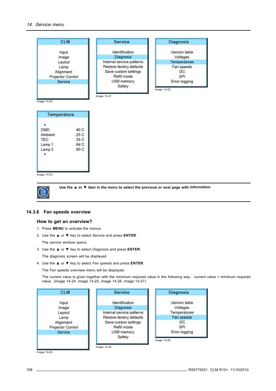 6 fan speeds overview, Service menu, 6 fan speeds overview how to get an overview | Barco CLM R10+ User Manual | Page 162 / 229