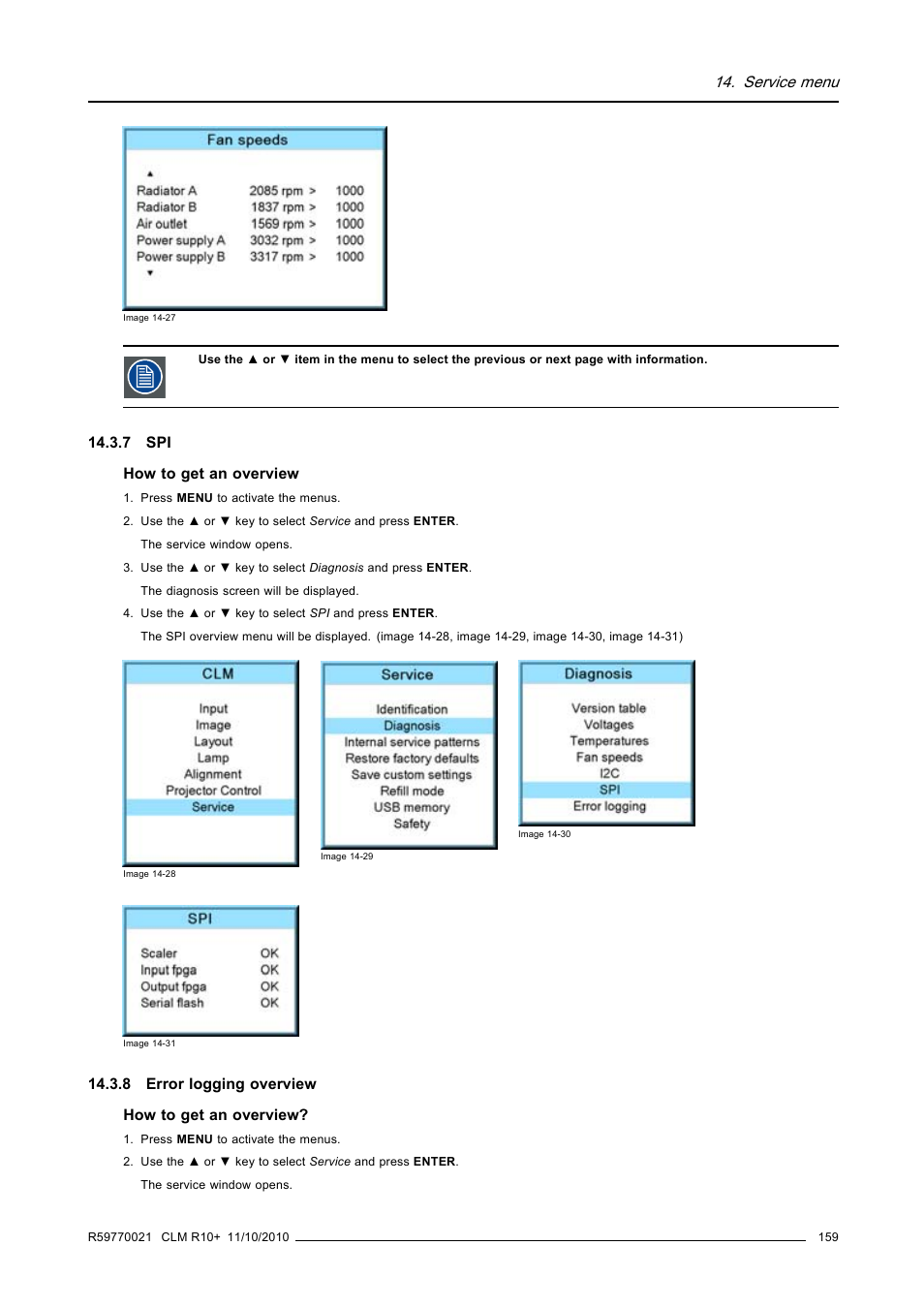 7 spi, 8 error logging overview, 7 spi 14.3.8 error logging overview | Service menu | Barco CLM R10+ User Manual | Page 163 / 229