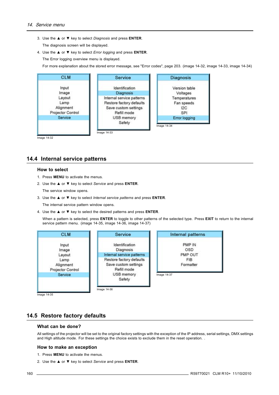 4 internal service patterns, 5 restore factory defaults, Internal service patterns | Restore factory defaults, Service menu | Barco CLM R10+ User Manual | Page 164 / 229
