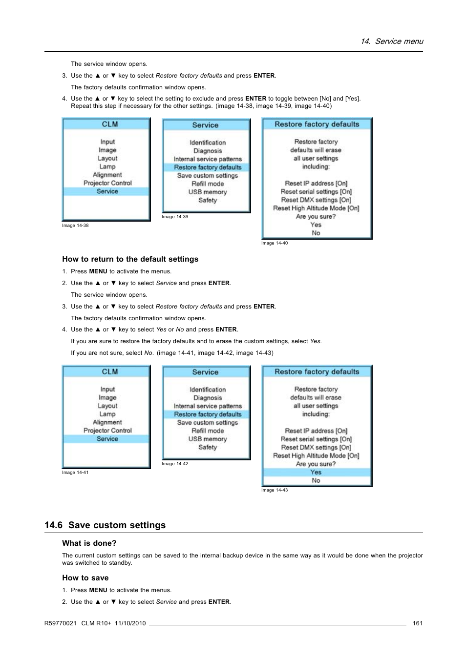 6 save custom settings, Save custom settings, Service menu | Barco CLM R10+ User Manual | Page 165 / 229