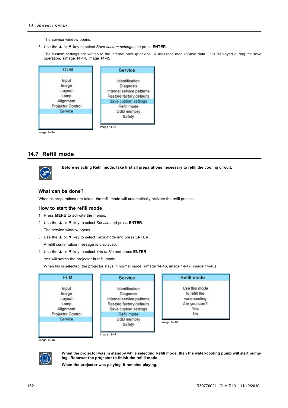 7 refill mode, Refill mode, Service menu | Barco CLM R10+ User Manual | Page 166 / 229