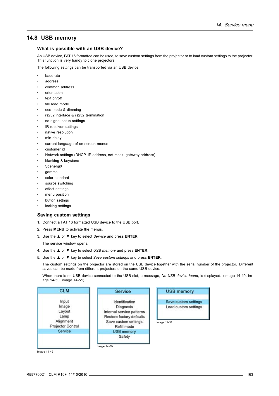 8 usb memory, Usb memory, Service menu | Barco CLM R10+ User Manual | Page 167 / 229