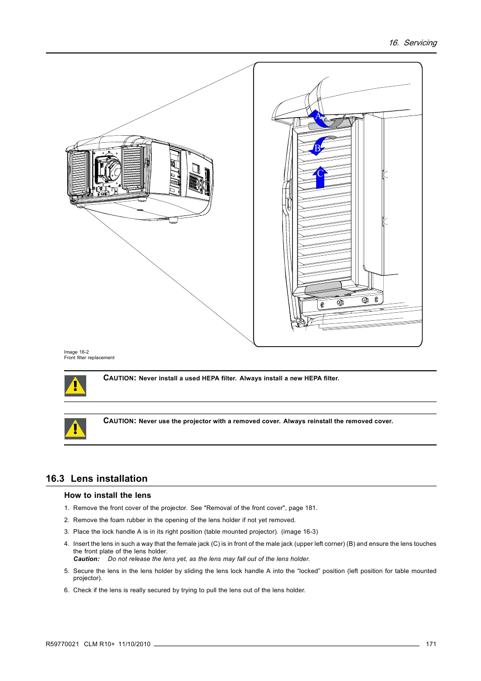 3 lens installation, Lens installation, Ab c | Barco CLM R10+ User Manual | Page 175 / 229