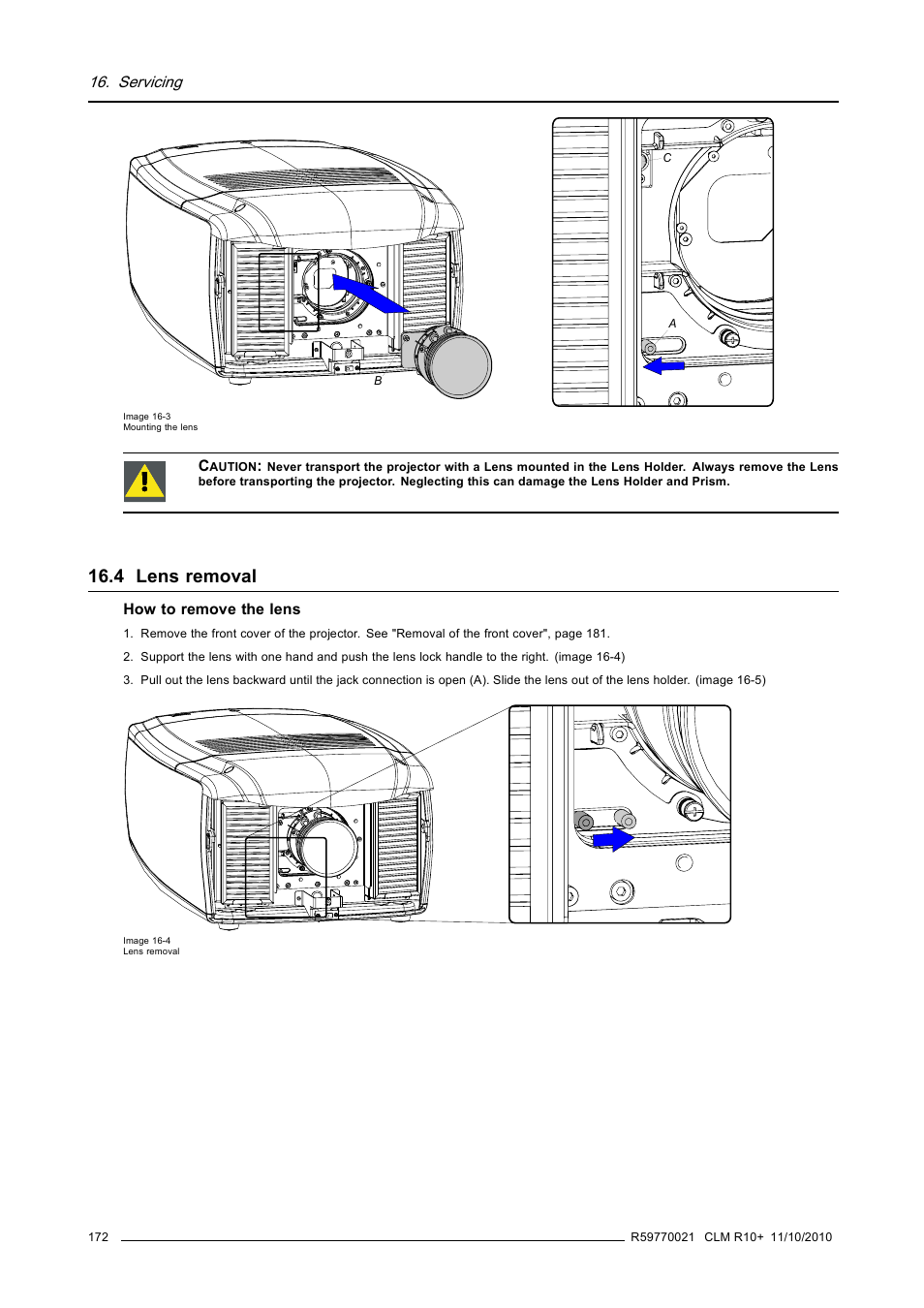 4 lens removal, Lens removal | Barco CLM R10+ User Manual | Page 176 / 229