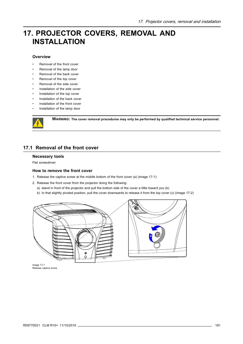 Projector covers, removal and installation, 1 removal of the front cover | Barco CLM R10+ User Manual | Page 185 / 229