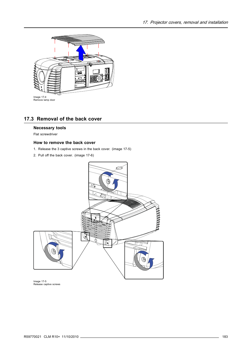 3 removal of the back cover, Removal of the back cover | Barco CLM R10+ User Manual | Page 187 / 229