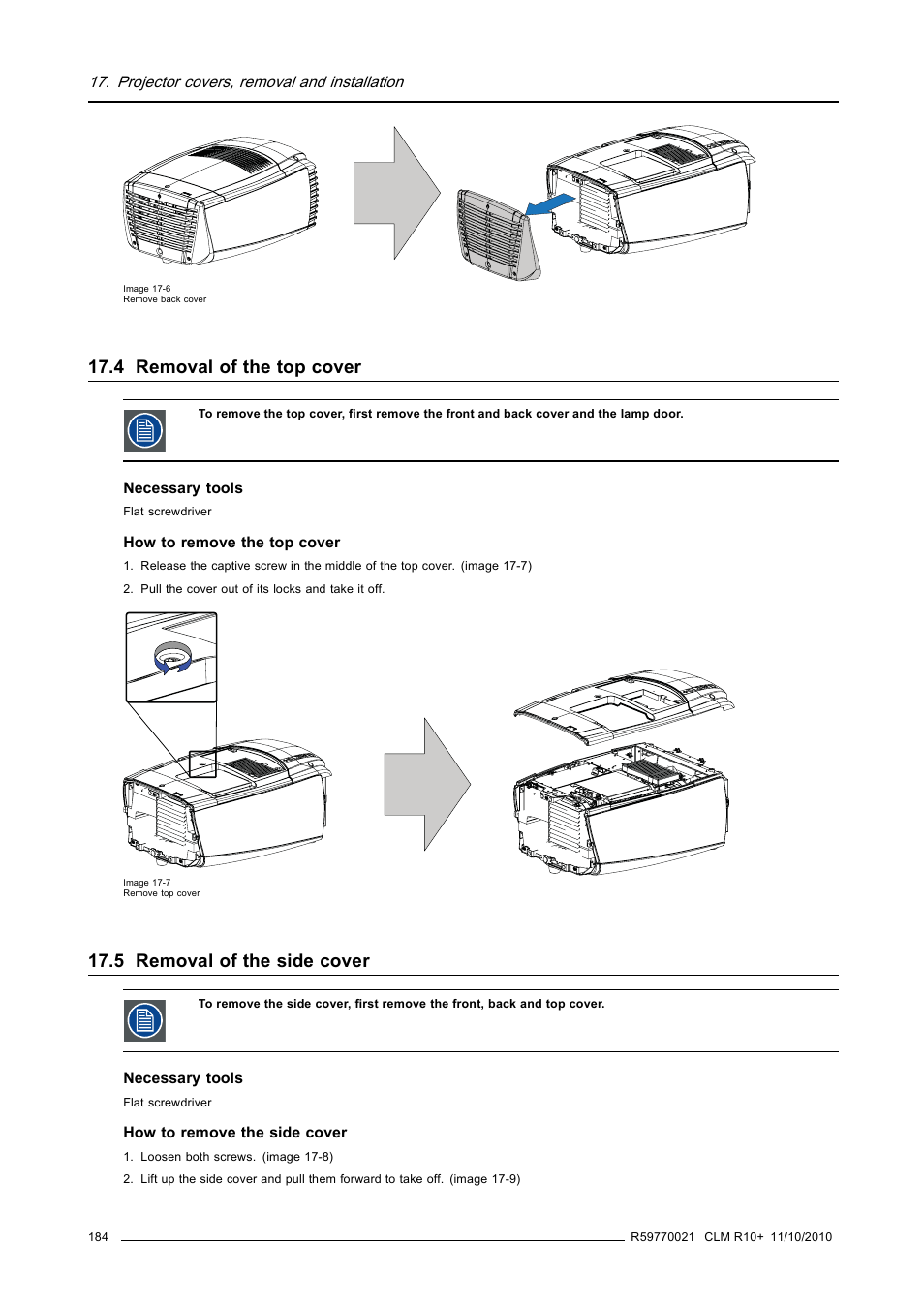 4 removal of the top cover, 5 removal of the side cover, Removal of the top cover | Removal of the side cover | Barco CLM R10+ User Manual | Page 188 / 229