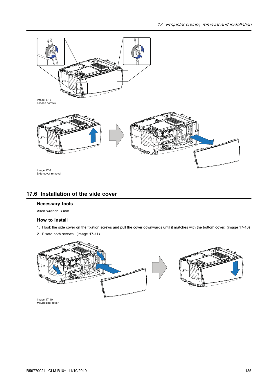 6 installation of the side cover, Installation of the side cover | Barco CLM R10+ User Manual | Page 189 / 229