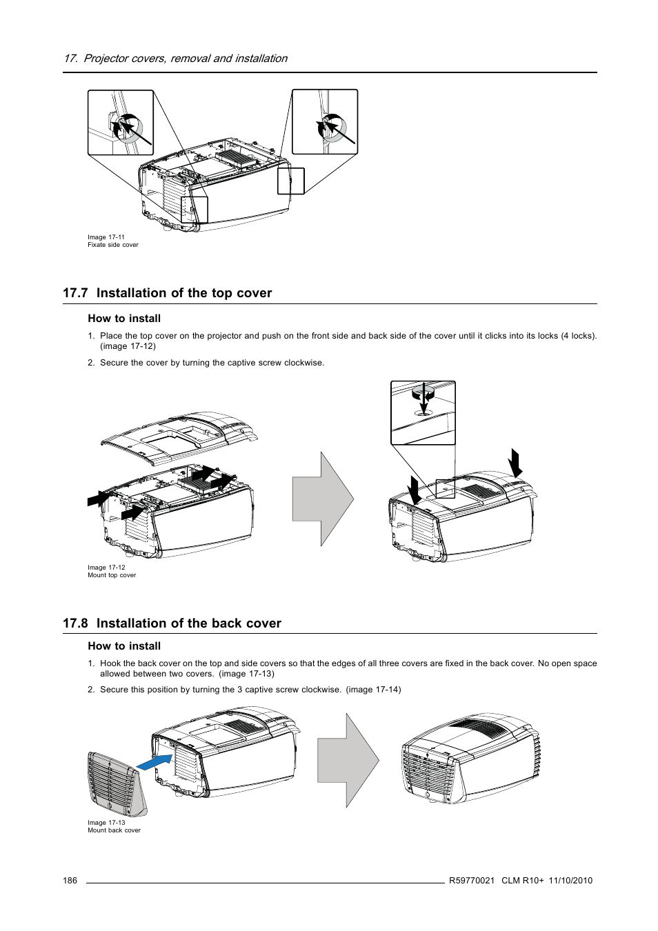 7 installation of the top cover, 8 installation of the back cover, Installation of the top cover | Installation of the back cover | Barco CLM R10+ User Manual | Page 190 / 229