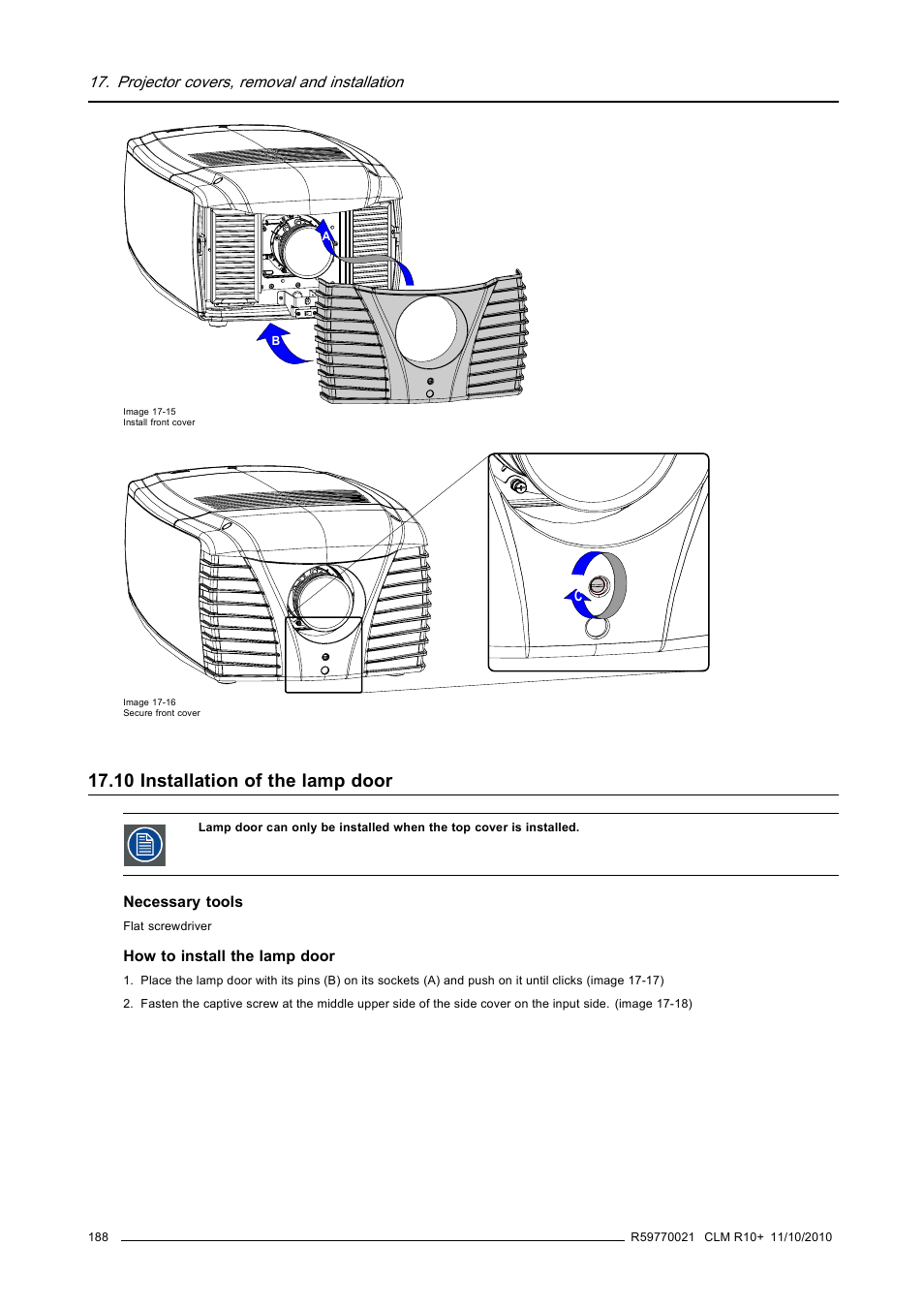 10 installation of the lamp door, Installation of the lamp door | Barco CLM R10+ User Manual | Page 192 / 229