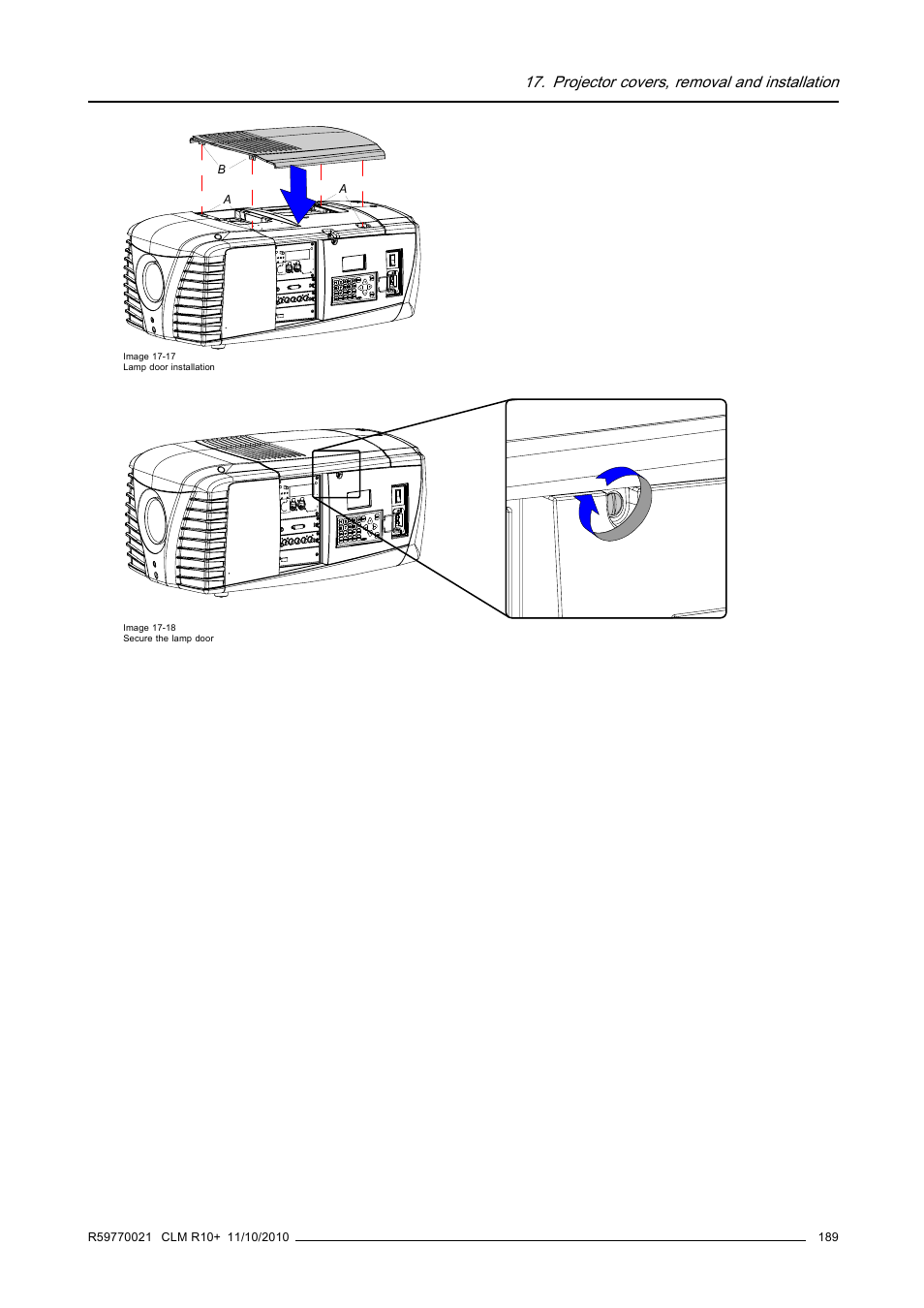 Projector covers, removal and installation | Barco CLM R10+ User Manual | Page 193 / 229