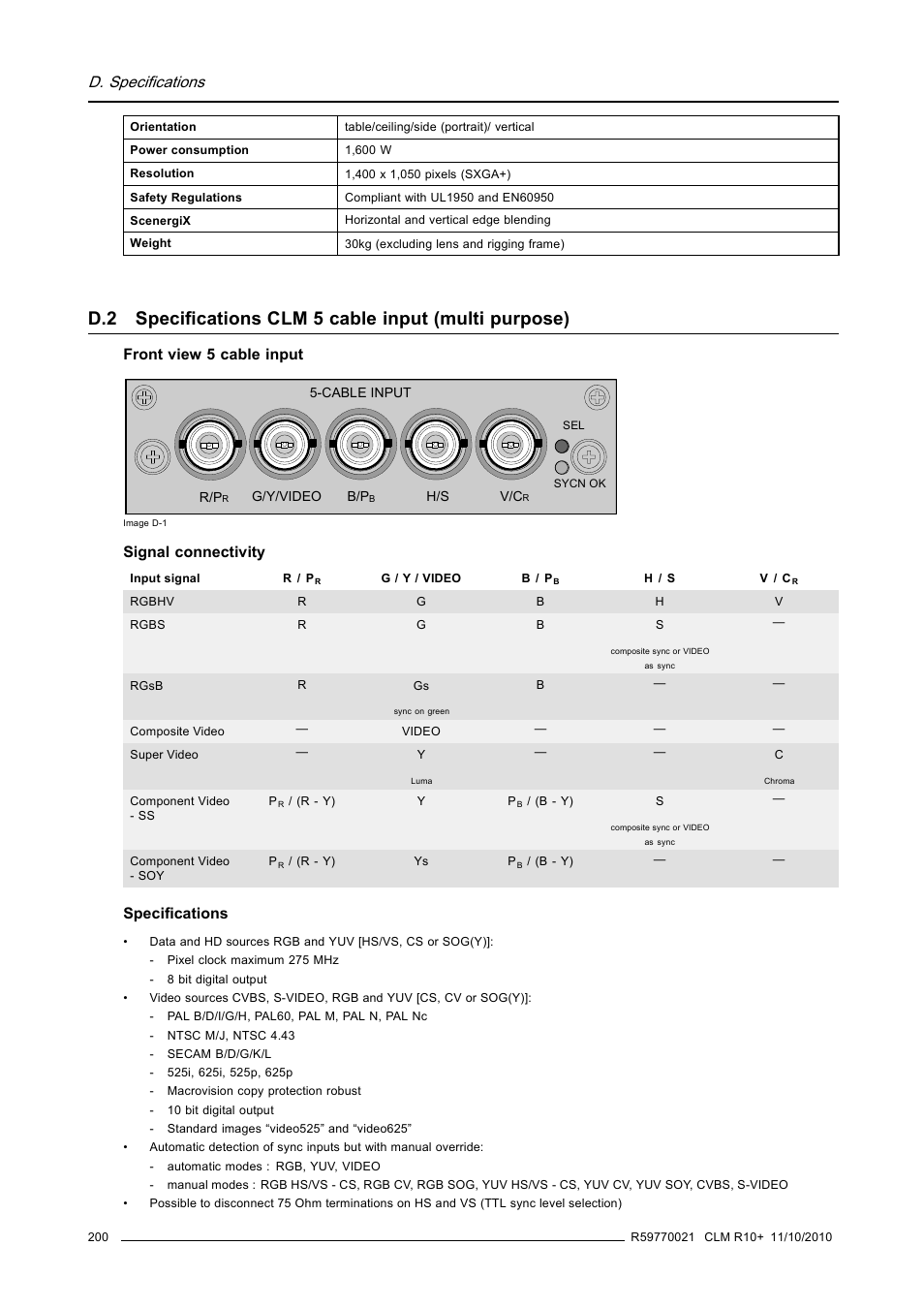 Specifications clm 5 cable input (multi purpose), D. specifications | Barco CLM R10+ User Manual | Page 204 / 229