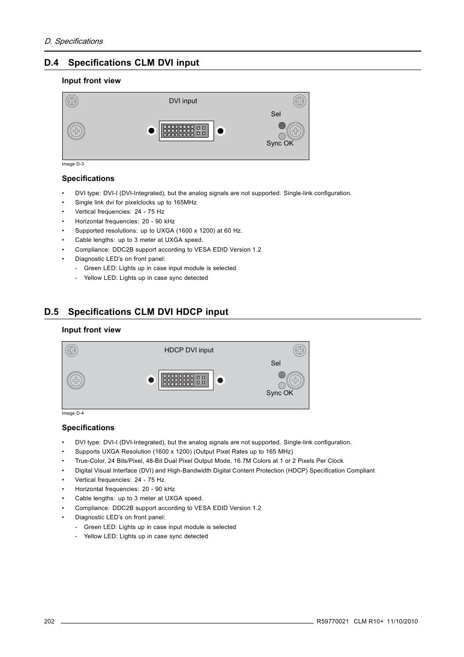 D.4 specifications clm dvi input, D.5 specifications clm dvi hdcp input, Specifications clm dvi input | Specifications clm dvi hdcp input | Barco CLM R10+ User Manual | Page 206 / 229