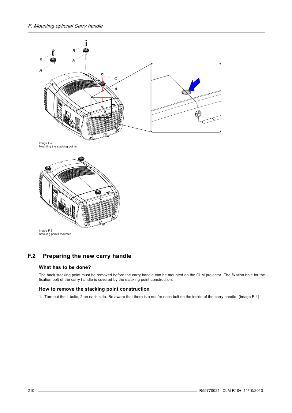 F.2 preparing the new carry handle, Preparing the new carry handle, Image f-2) | Image f-3 | Barco CLM R10+ User Manual | Page 214 / 229